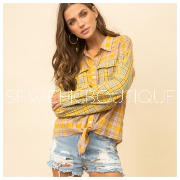 Mustard Plaid Contrast Front Tie Pocket Shirt - Picture 1 of 8